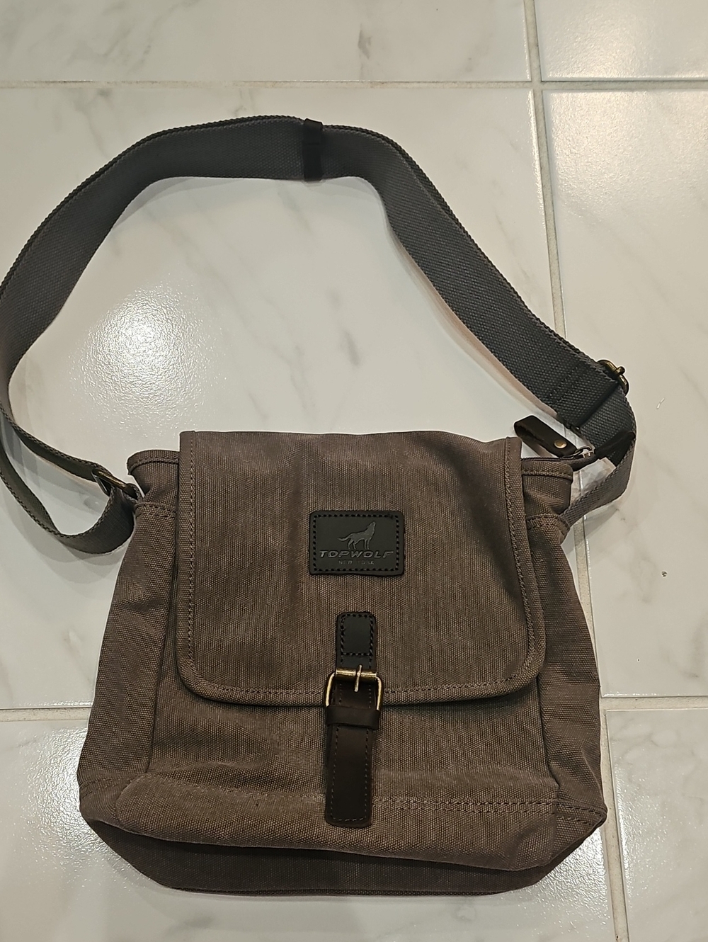 WOLF Taupe Canvas Crossbody Bag with Dark Brown Trim For Men Or Women